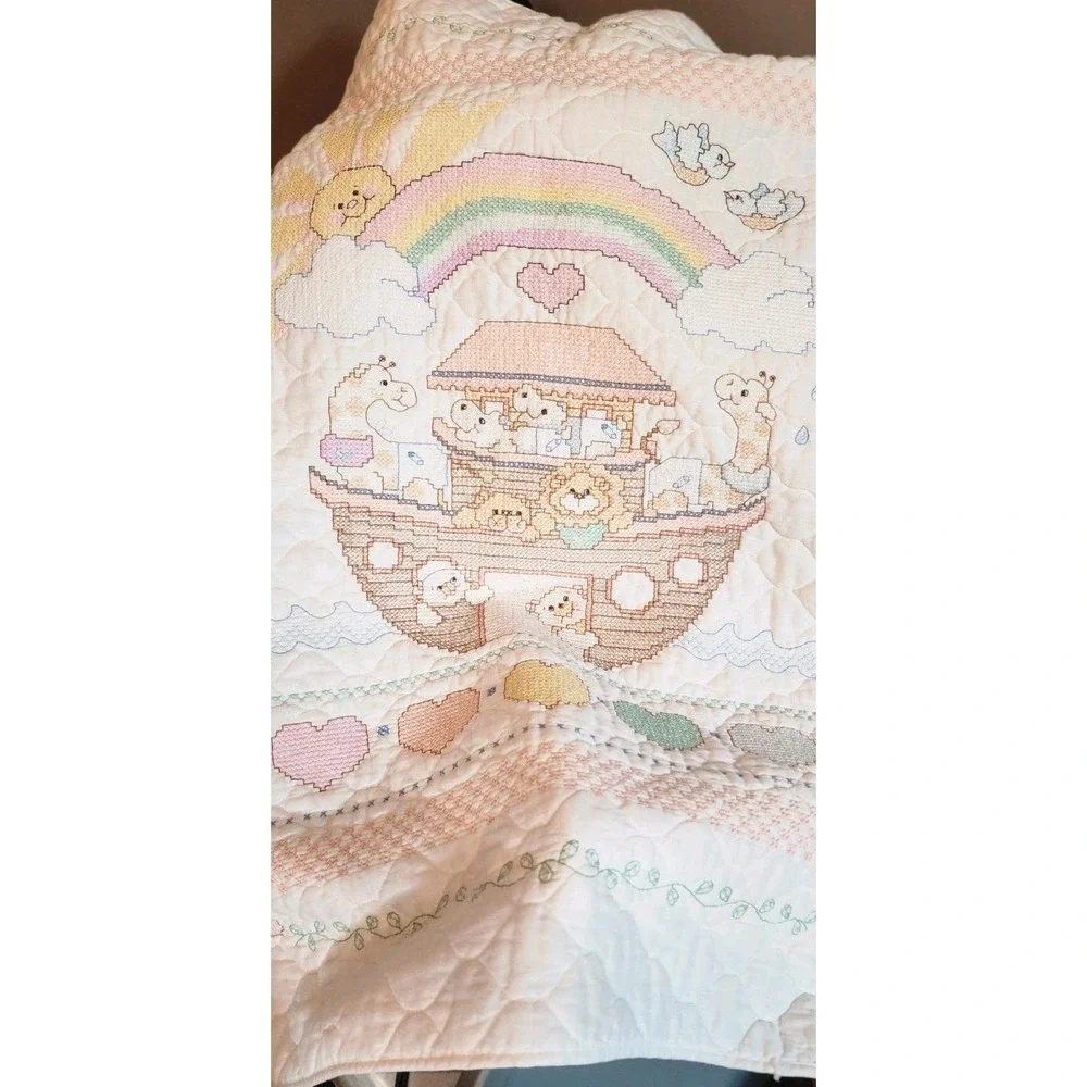 Bucilla Noah's Ark Crib Quilt Crosstitch Stamped Vintage Finished Baby Rainbow